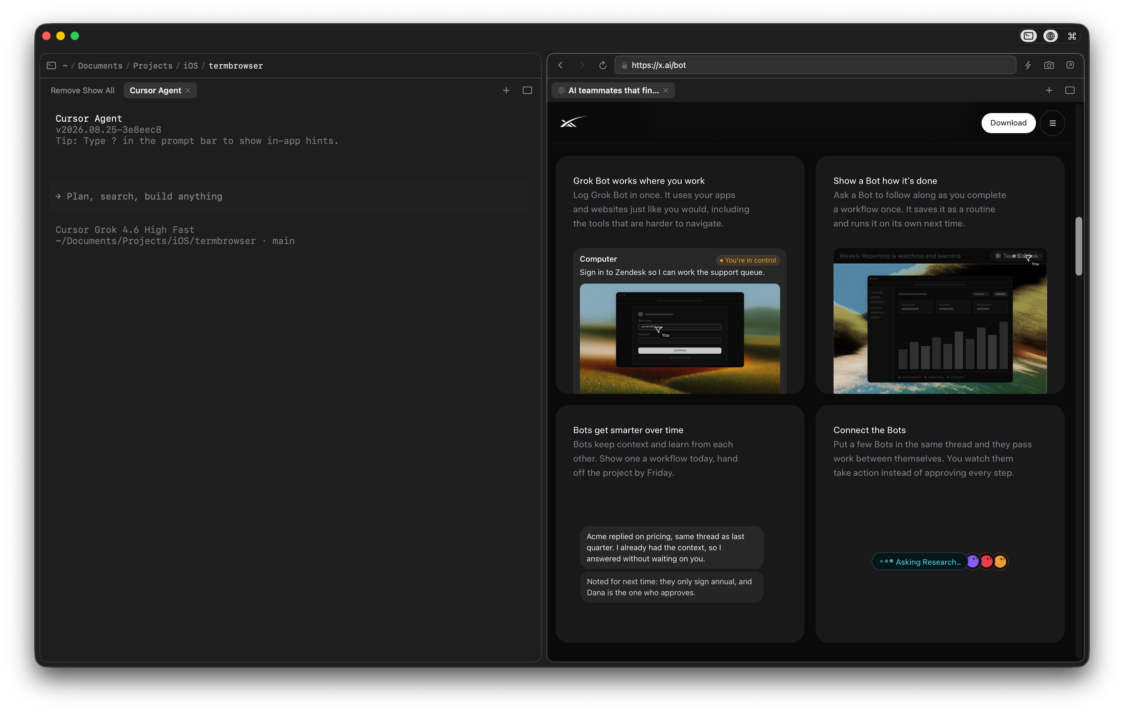 The termo.build window: a terminal on the left running an agent, and a live browser on the right showing the page beside it.