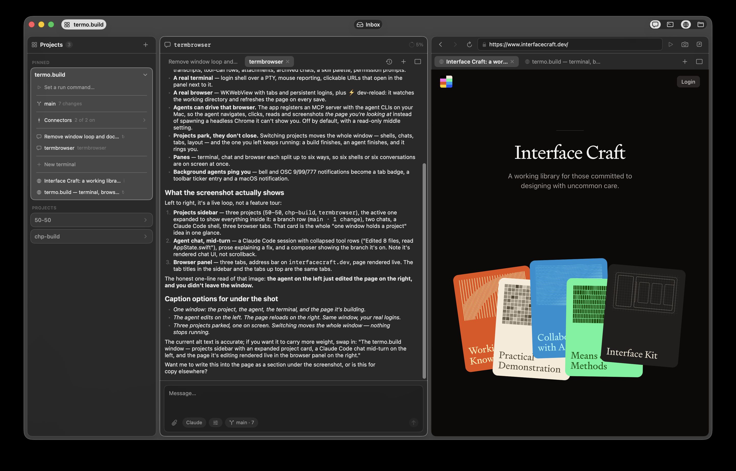The termo.build window: a projects sidebar with an expanded project card on the left, an agent session mid-turn in the middle, and the page it is editing rendered live in the browser panel on the right.